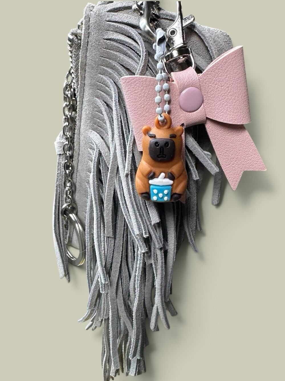 Fringe Change Keyring Bag Charm with detachable wristlet 2 clasps Gray Pink